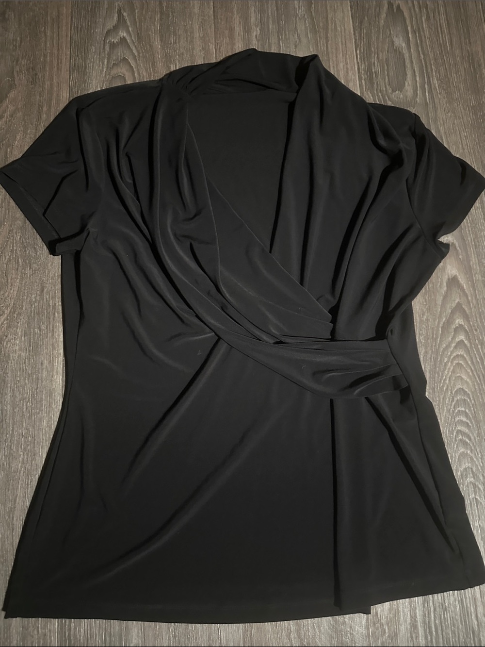 Classic Black Wrap-Front Short Sleeve Blouse